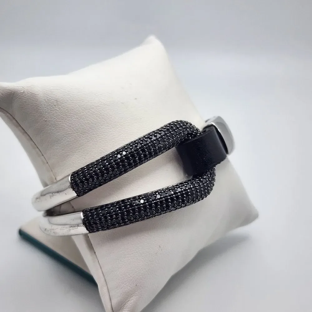 Milor Italy Bronze Silver Tone, Black Leather & Black Spinel Bracelet